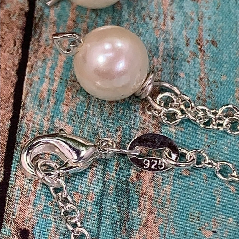 Adorned Crown glass pearl bead heart sterling set 3 earrings & necklace