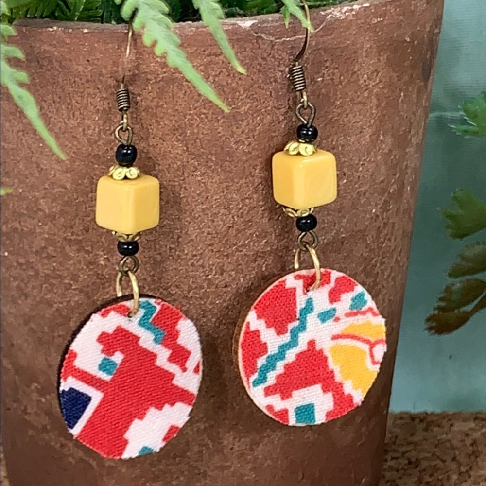 Adorned Crown vintage fabric wood disc lightweight earrings red yellow