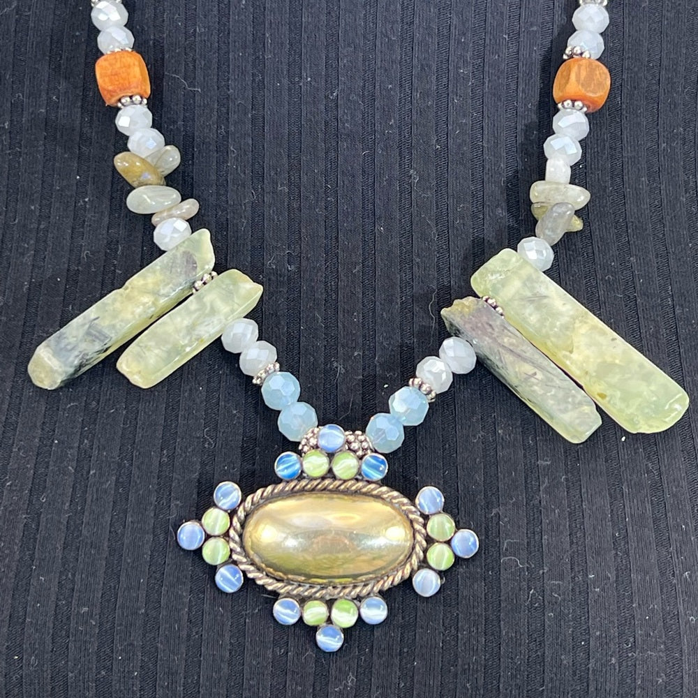 Adorned Crown Artisan Assemblage silver pendant blue green quartz necklace
