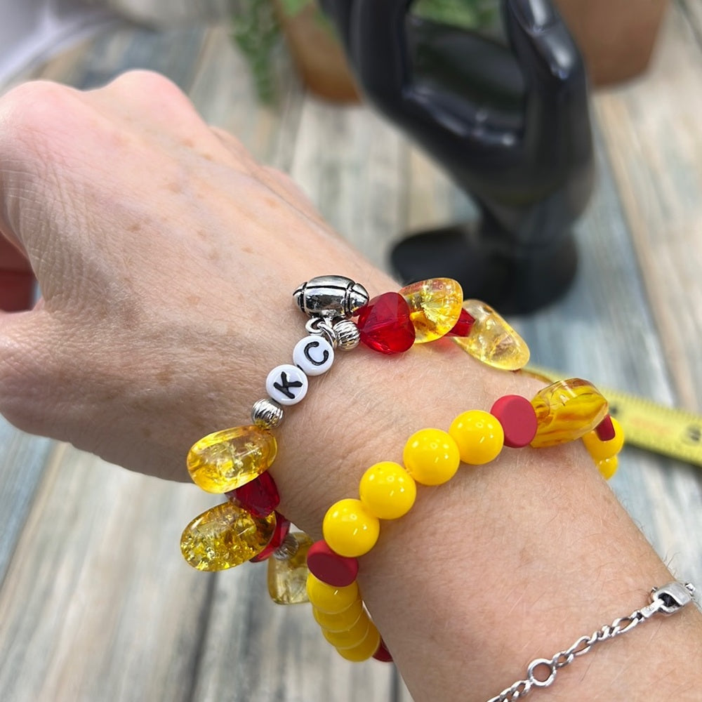 Adorned Crown Kansas City Chiefs KC football red gold stretch bracelet set F
