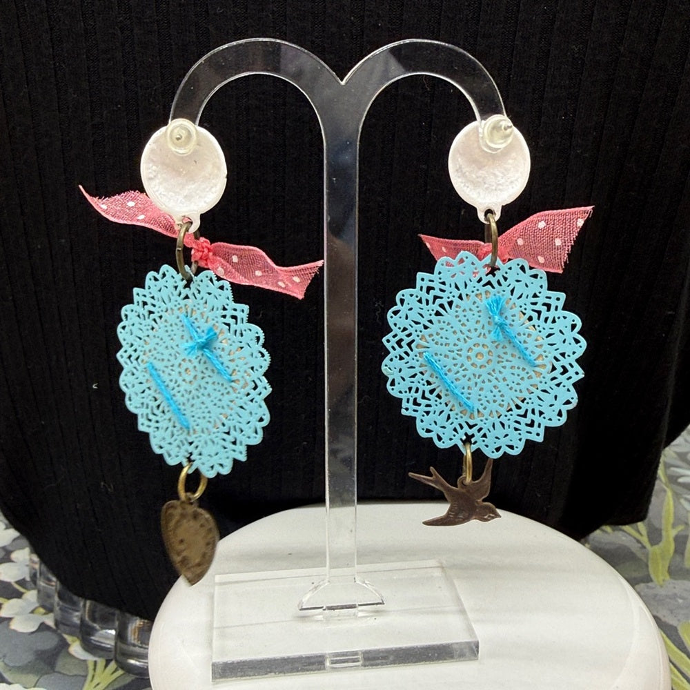 Adorned Crown Jewelry assemblage teal multi color bird heart earrings