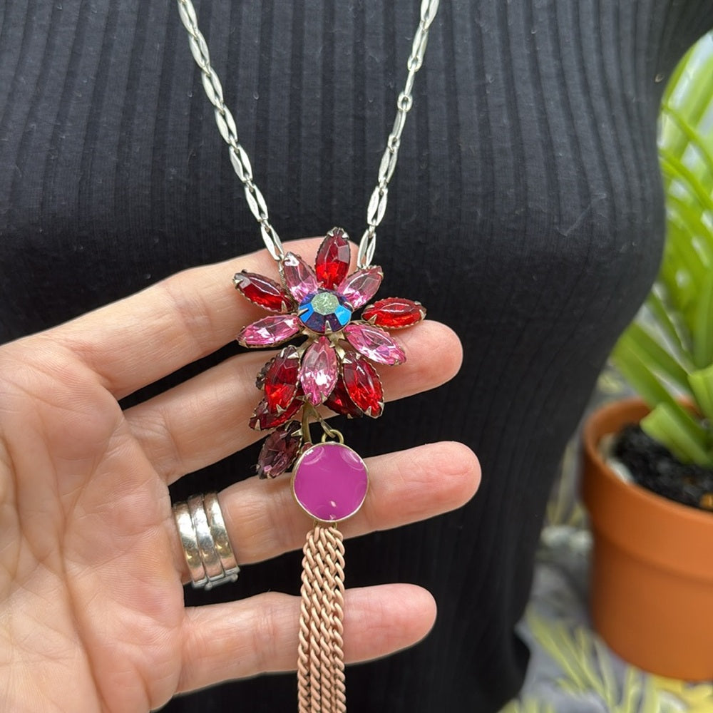 Adorned Crown Jewelry assemblage rhinestone pink mixed metal long necklace