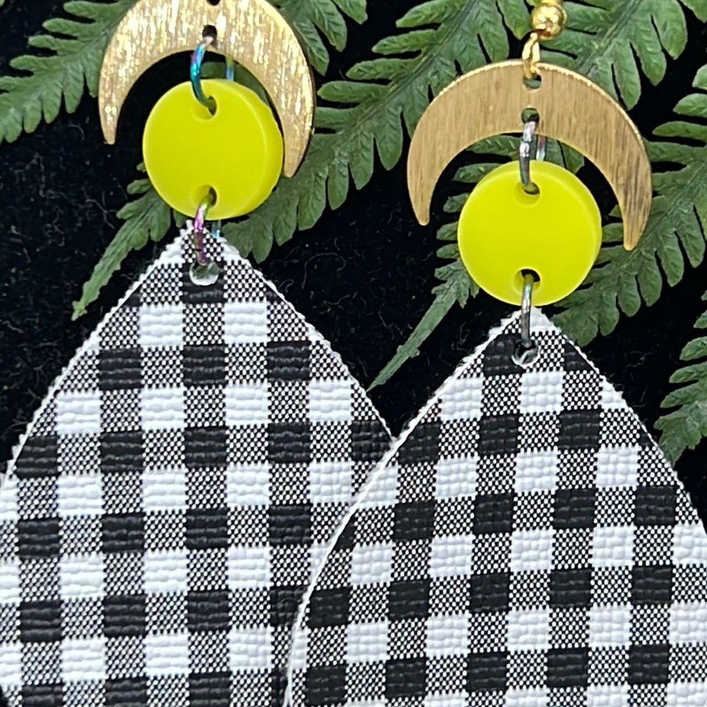 Adorned Crown Artisan Assemblage faux leather yellow acrylic moon earrings