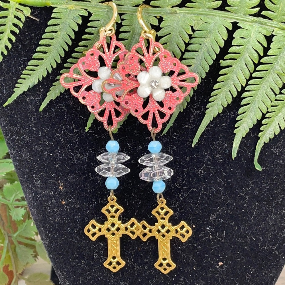 Adorned Crown artisan assemblage faith filigree cross lightweight earrings