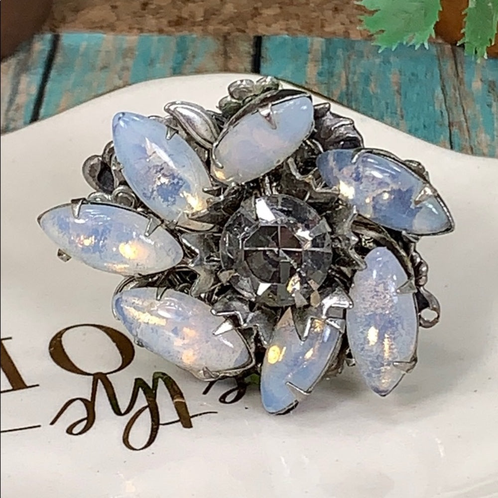 Adorned Crown artisan assemblage moonstone rhinestone cocktail ring