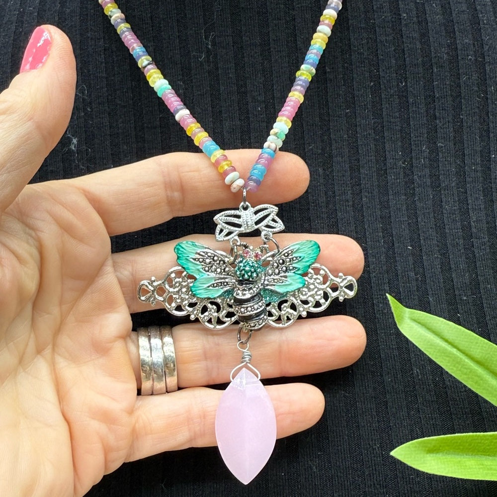 Adorned Crown Jewelry assemblage pastel gemstone bead teal enamel bee necklace
