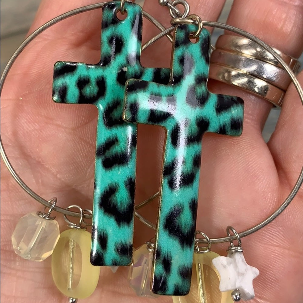 Adorned Crown assemblage teal leopard pattern cross gem drop earrings