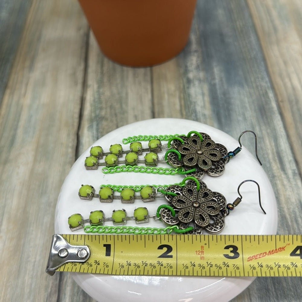 Adorned Crown Jewelry assemblage filigree flower Earrings green chain