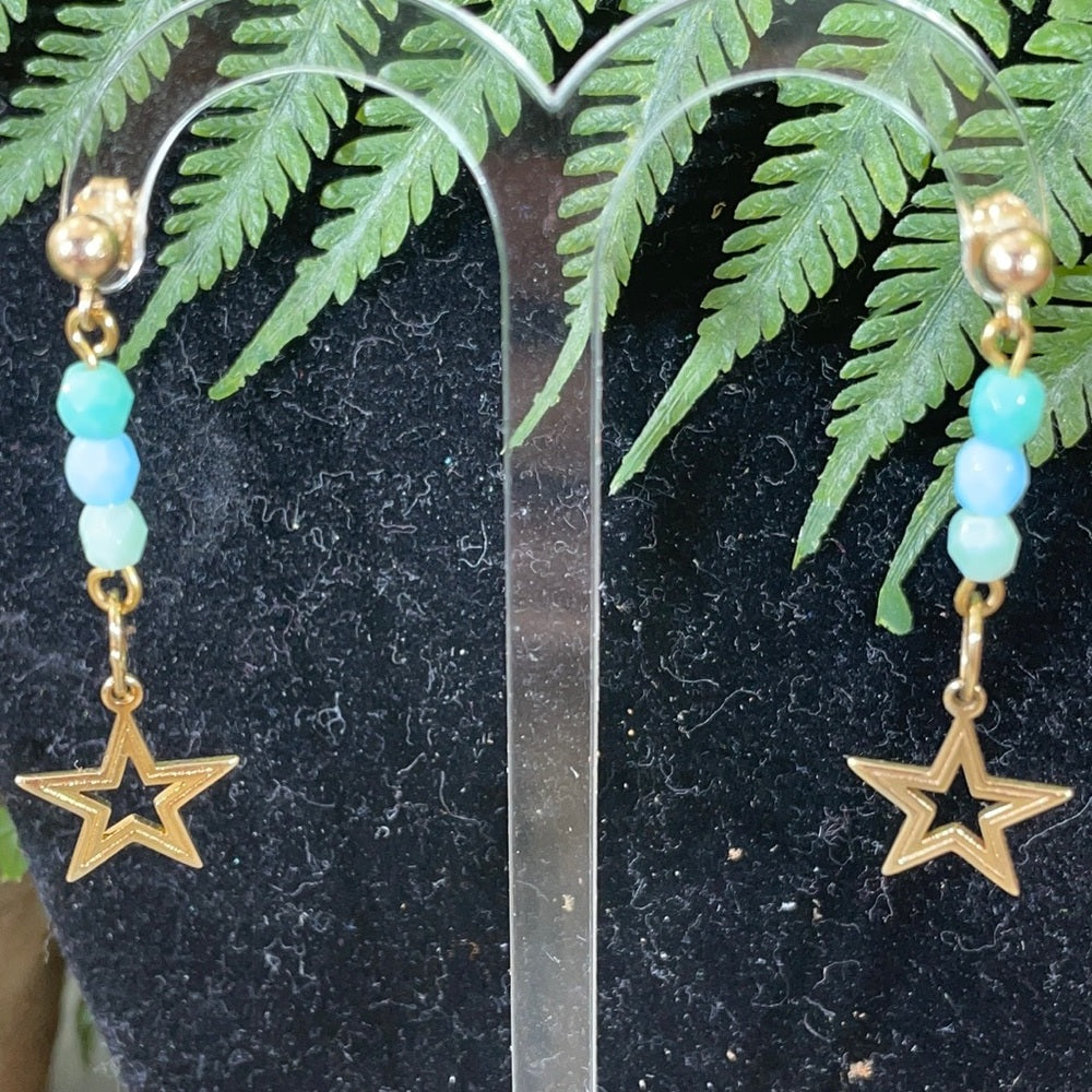Adorned Crown artisan assemblage gold star blue green bead post earrings