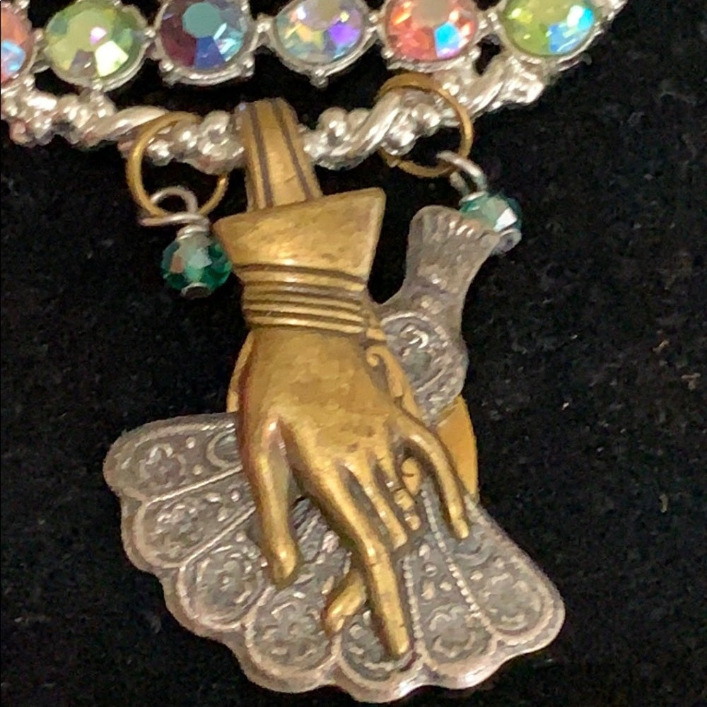 Adorned Crown artisan assemblage pastel rhinestone charm fan necklace