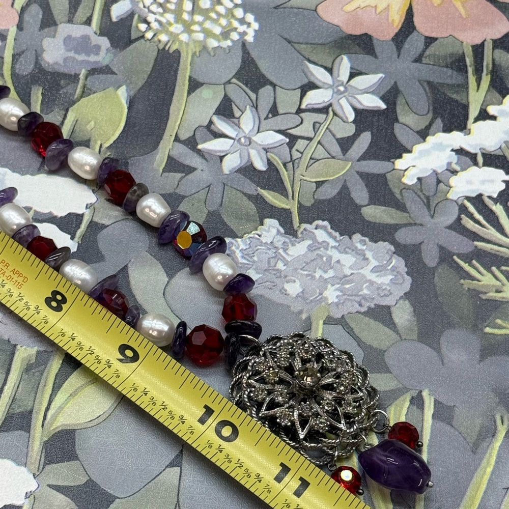 Adorned Crown Jewelry assemblage amethyst pearl red crystal pendant necklace