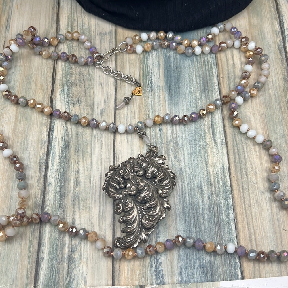 Adorned Crown necklace beaded metal vintage pendant artisan assemblage