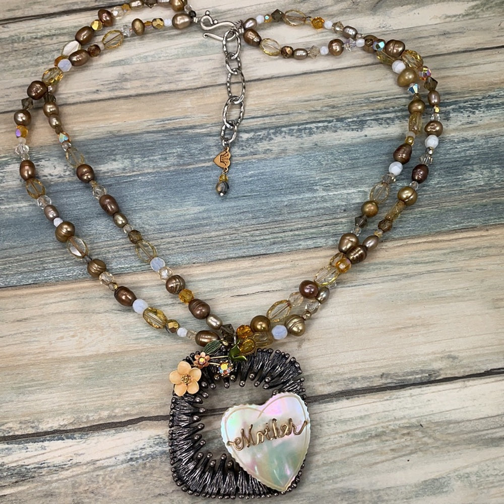 Adorned Crown artisan assemblage shell Pearl beaded heart mother necklace