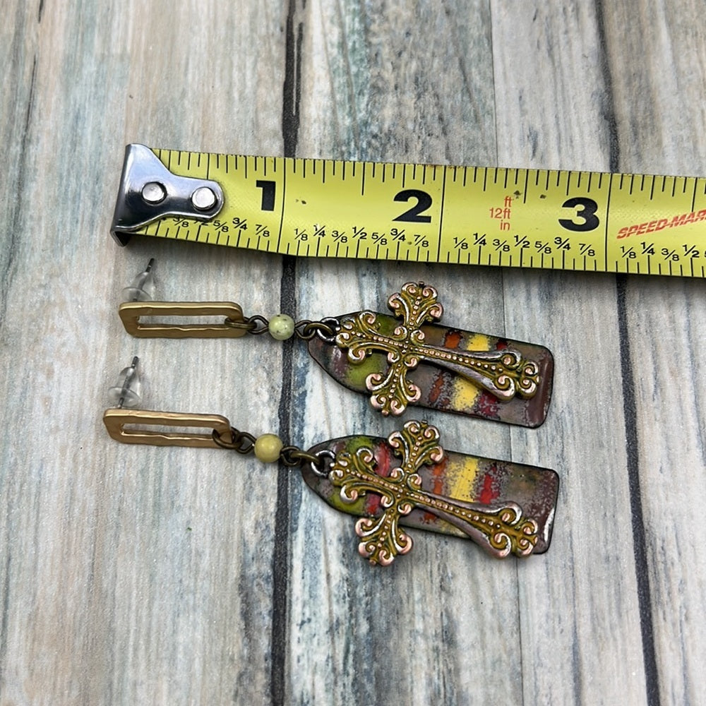 Adorned Crown Artisan Assemblage cross autumn enamel hammered post earrings