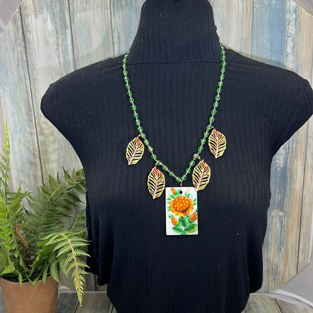 Adorned Crown Artisan Assemblage painted shell leaf autumn color necklace