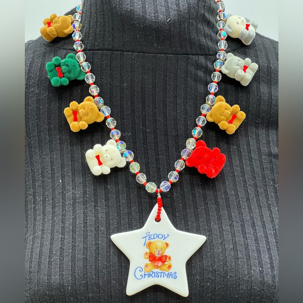 Adorned Crown Jewelry Christmas teddy bear Assemblage statement necklace