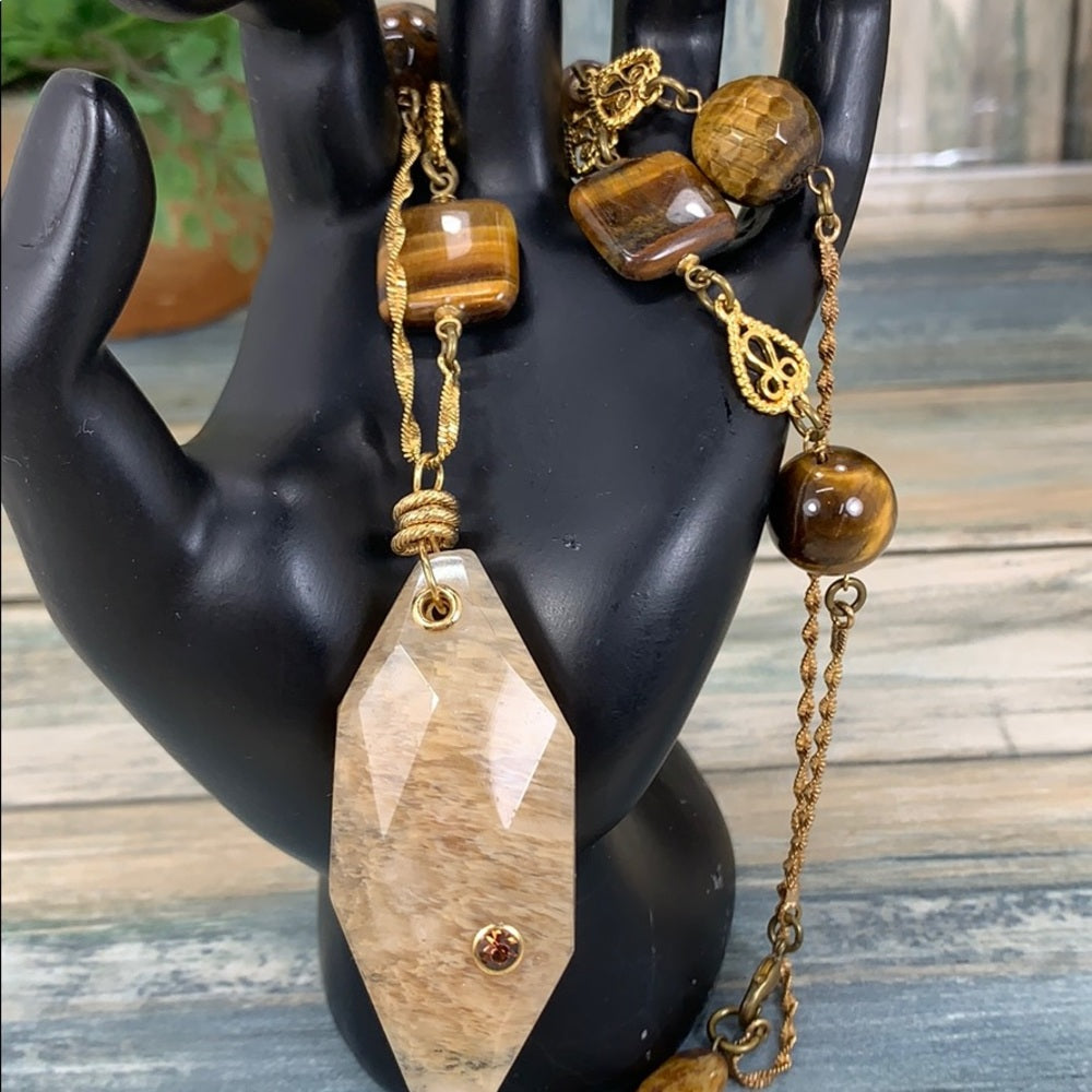 Adorned Crown artisan assemblage quartz agate tigers eye stone bead necklace