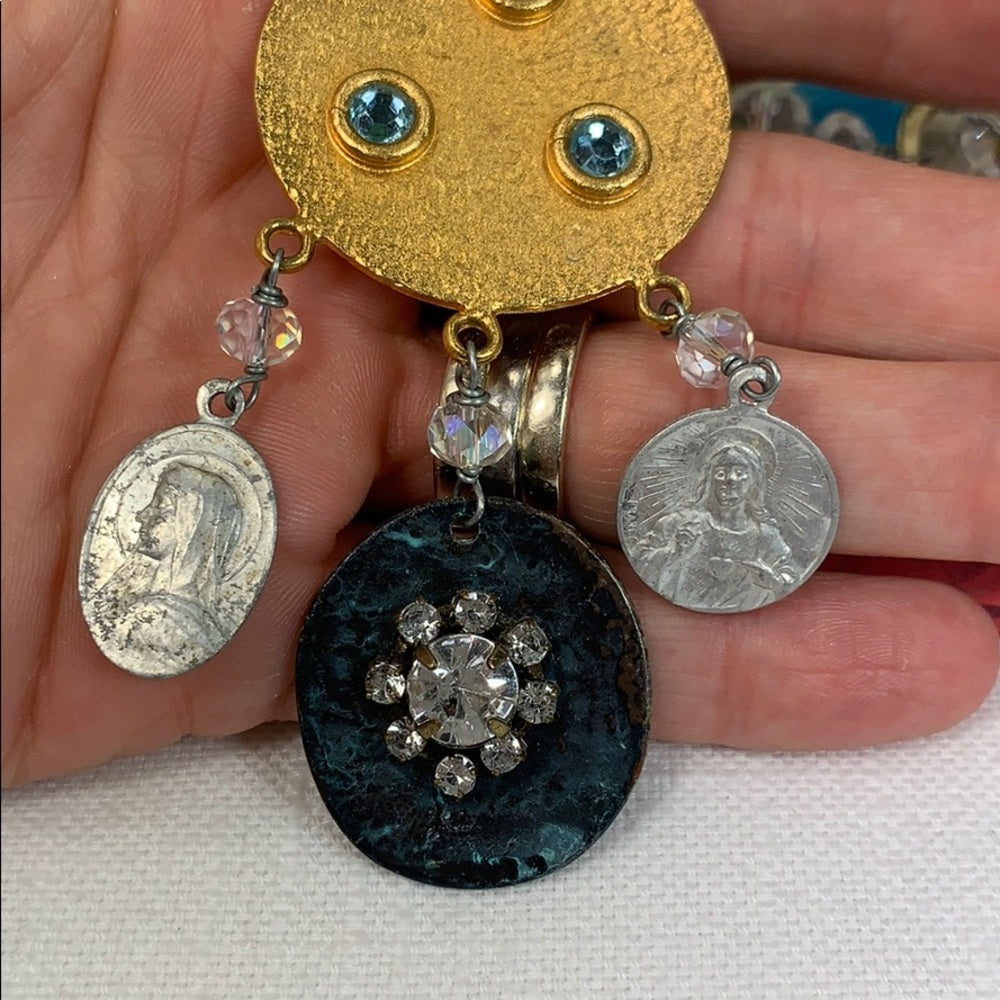 Adorned Crown artisan assemblage Religious medal glass bead necklace