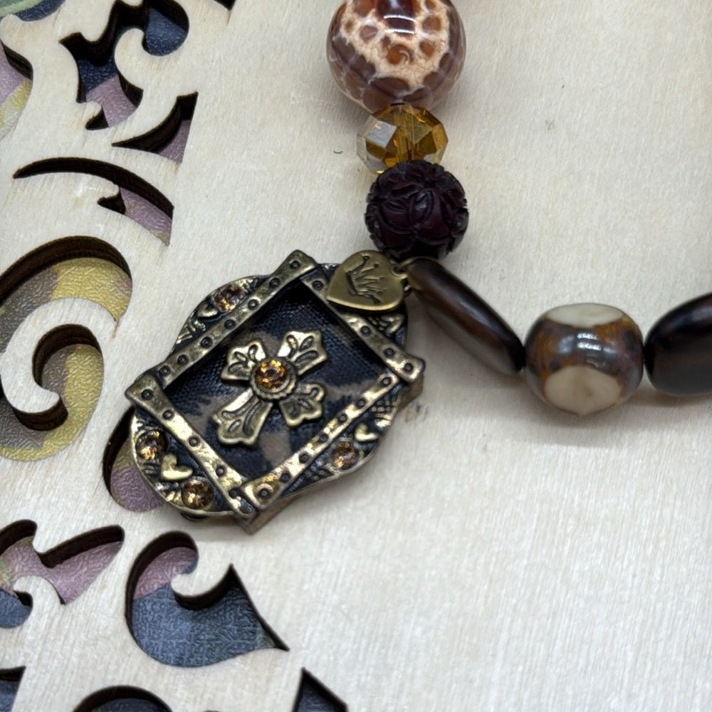 Adorned Crown Jewelry assemblage stretch beaded brown cross bracelet