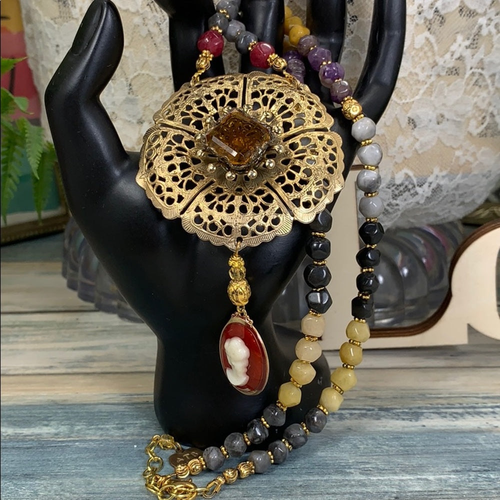 Adorned Crown artisan assemblage Stone bead topaz cameo necklace