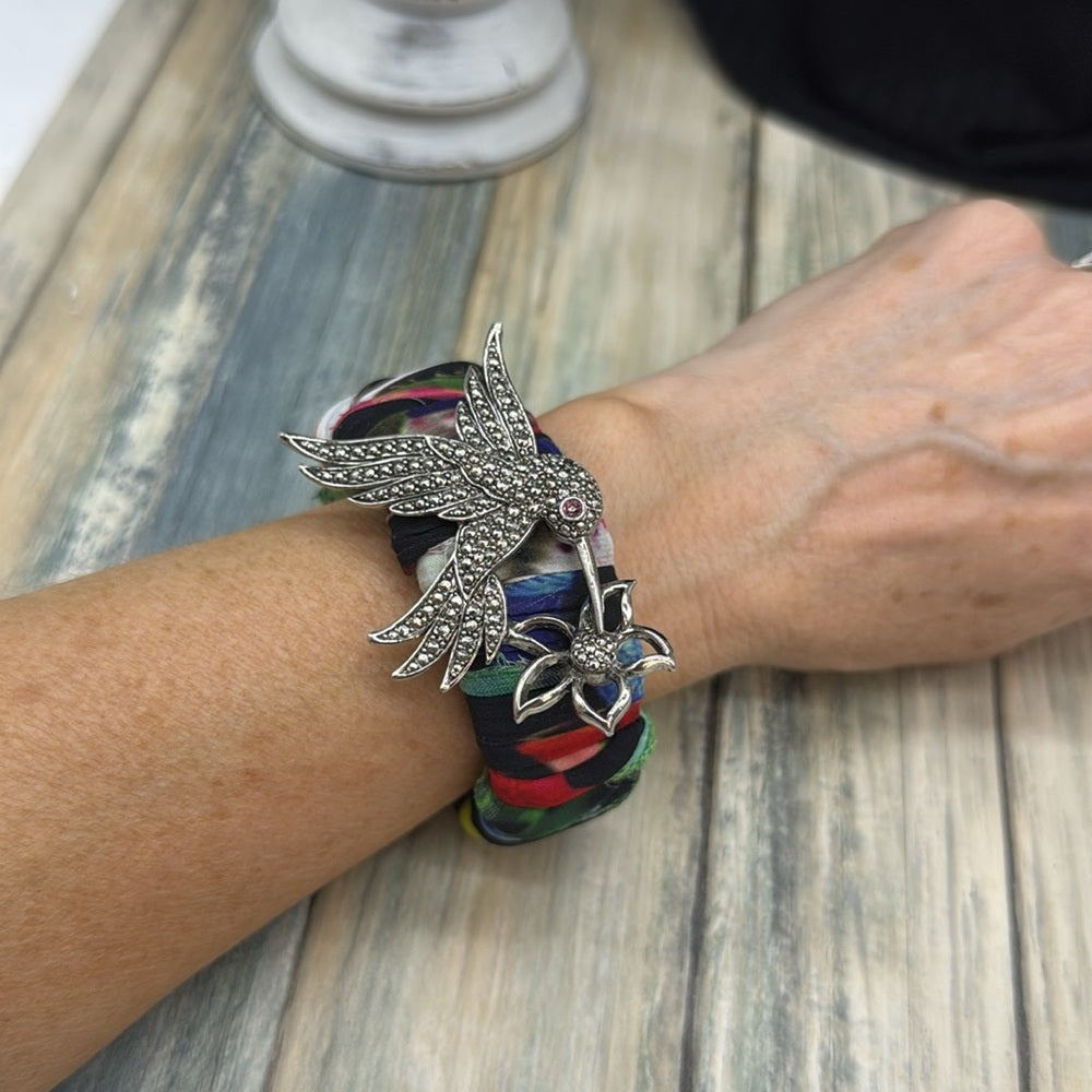 Adorned Crown Jewelry assemblage Hummingbird Multicolor Fabric cuff bracelet