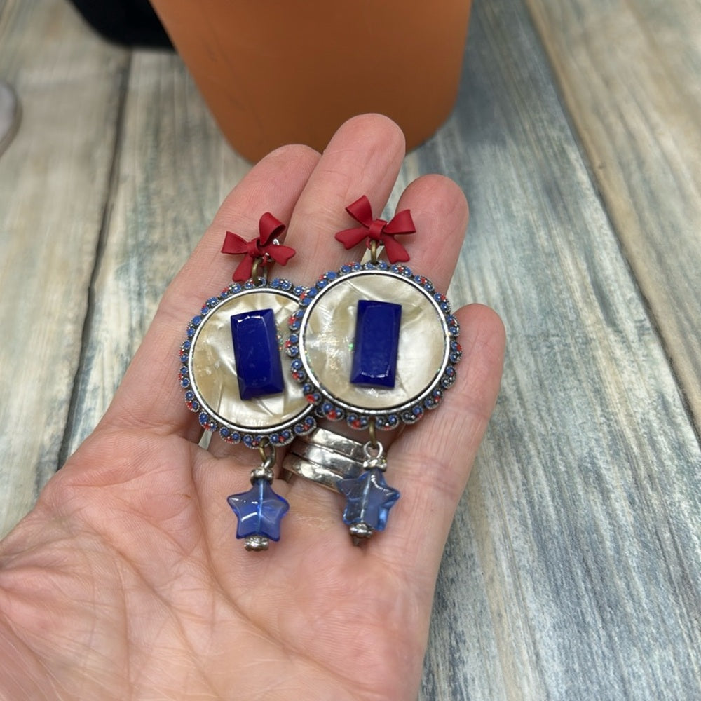 Adorned Crown Jewelry assemblage red bow mop blue cobalt star drop earrings