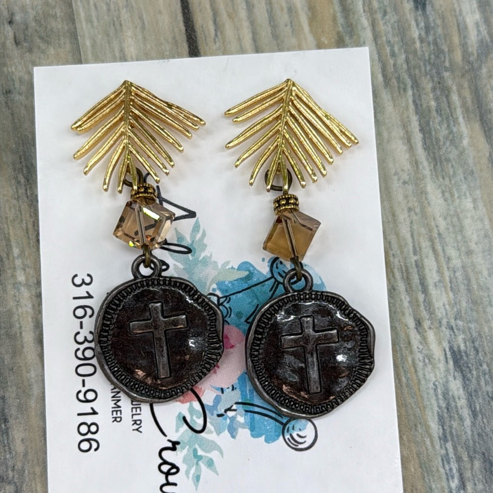 Adorned Crown Jewelry assemblage leaf post cross charm crystal earrings