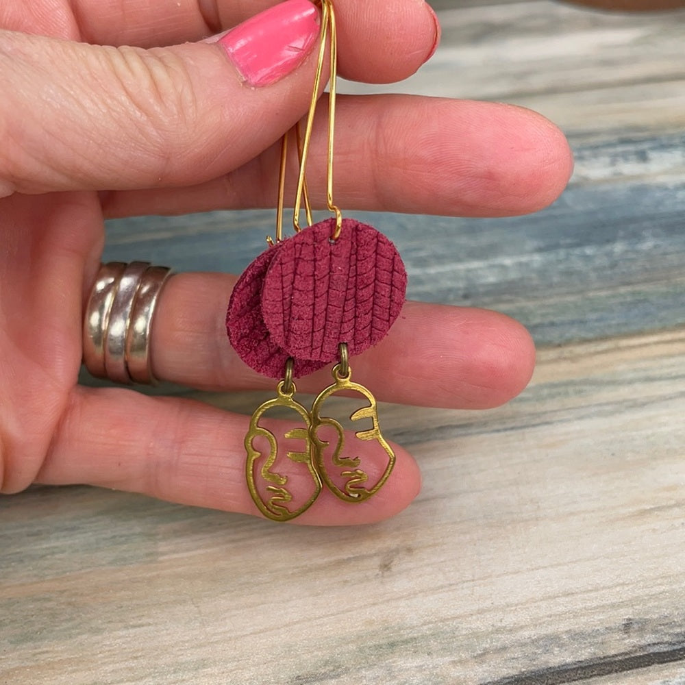 Adorned Crown geometric face drop red leather earrings