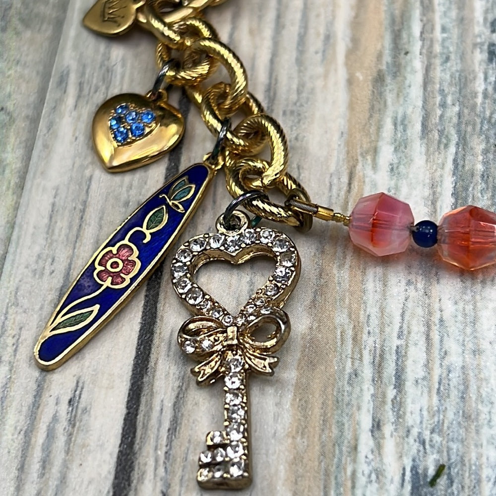 Adorned Crown Jewelry artisan assemblage heart key cloisonné pink bracelet