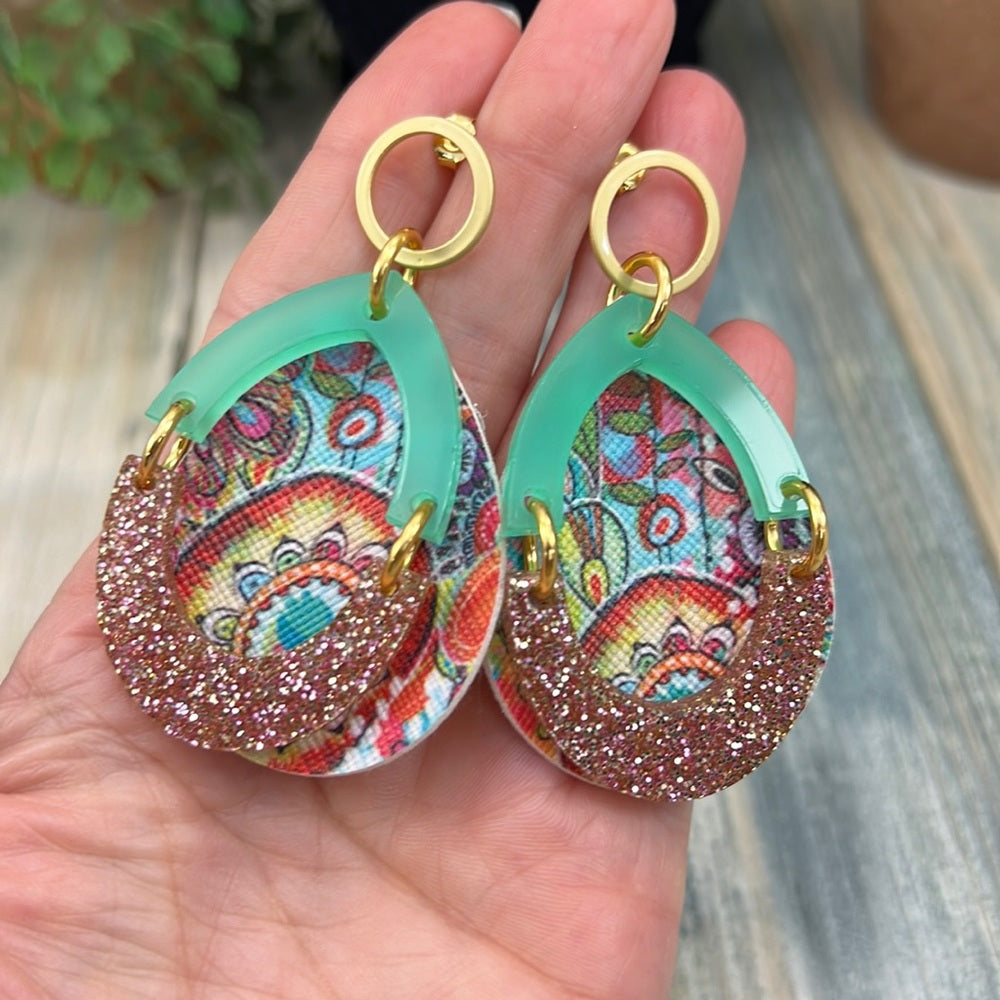 Adorned Crown Artisan Assemblage faux leather green acrylic post earrings