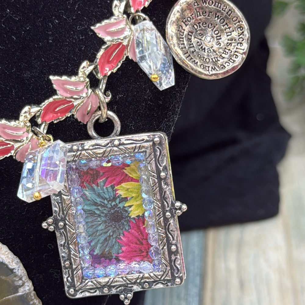 Adorned Crown Jewelry assemblage Floral Charm Pink Silver statement necklace