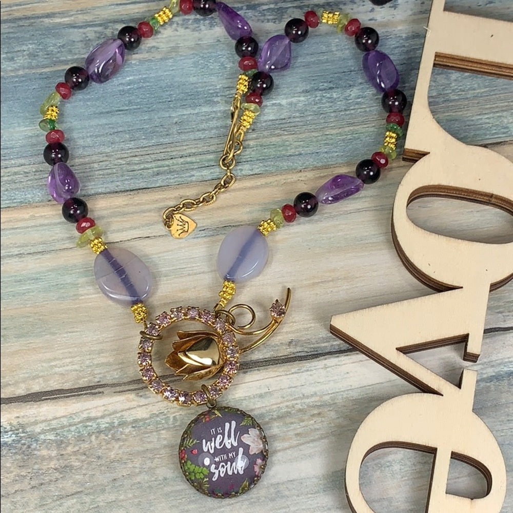 Adorned Crown artisan assemblage It is Well With My Soul amethyst necklace