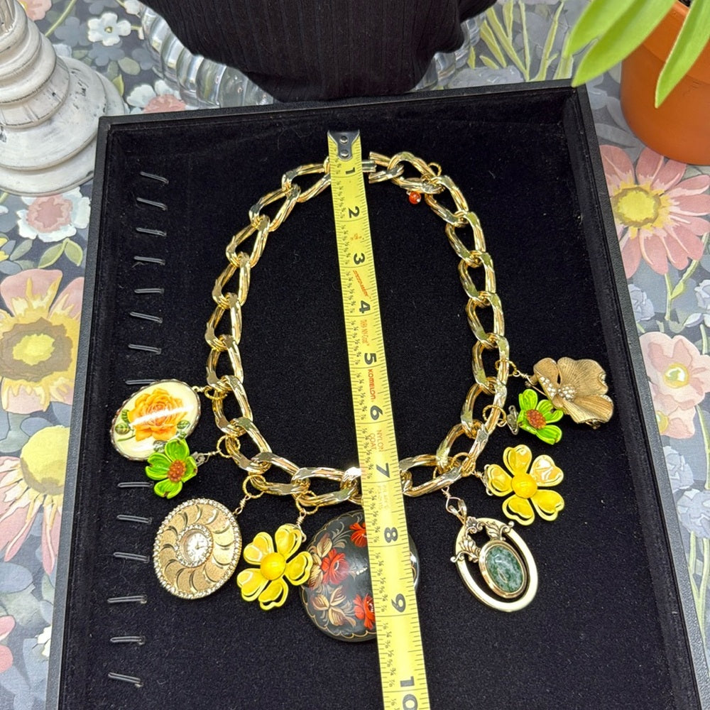 Adorned Crown Jewelry assemblage chunky charm yellow green flower necklace
