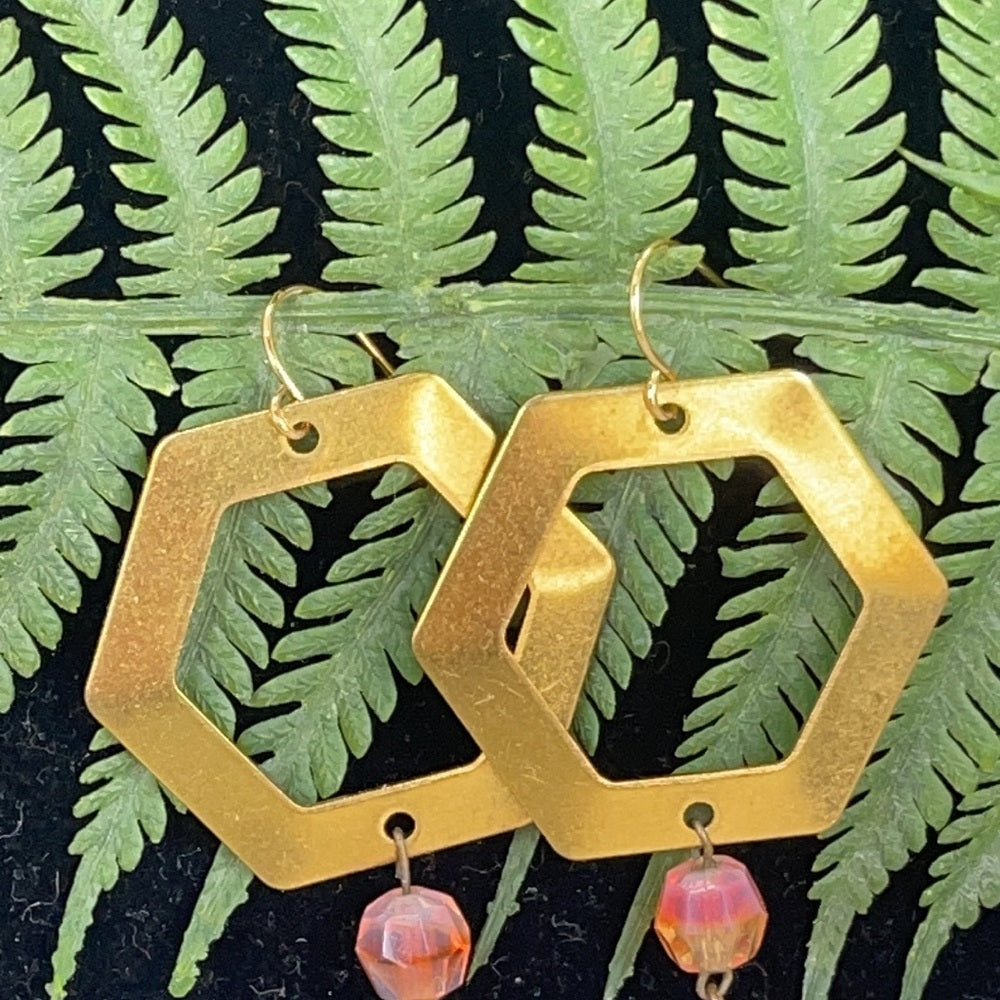 Adorned Crown assemblage hexagon leather pink drop earrings