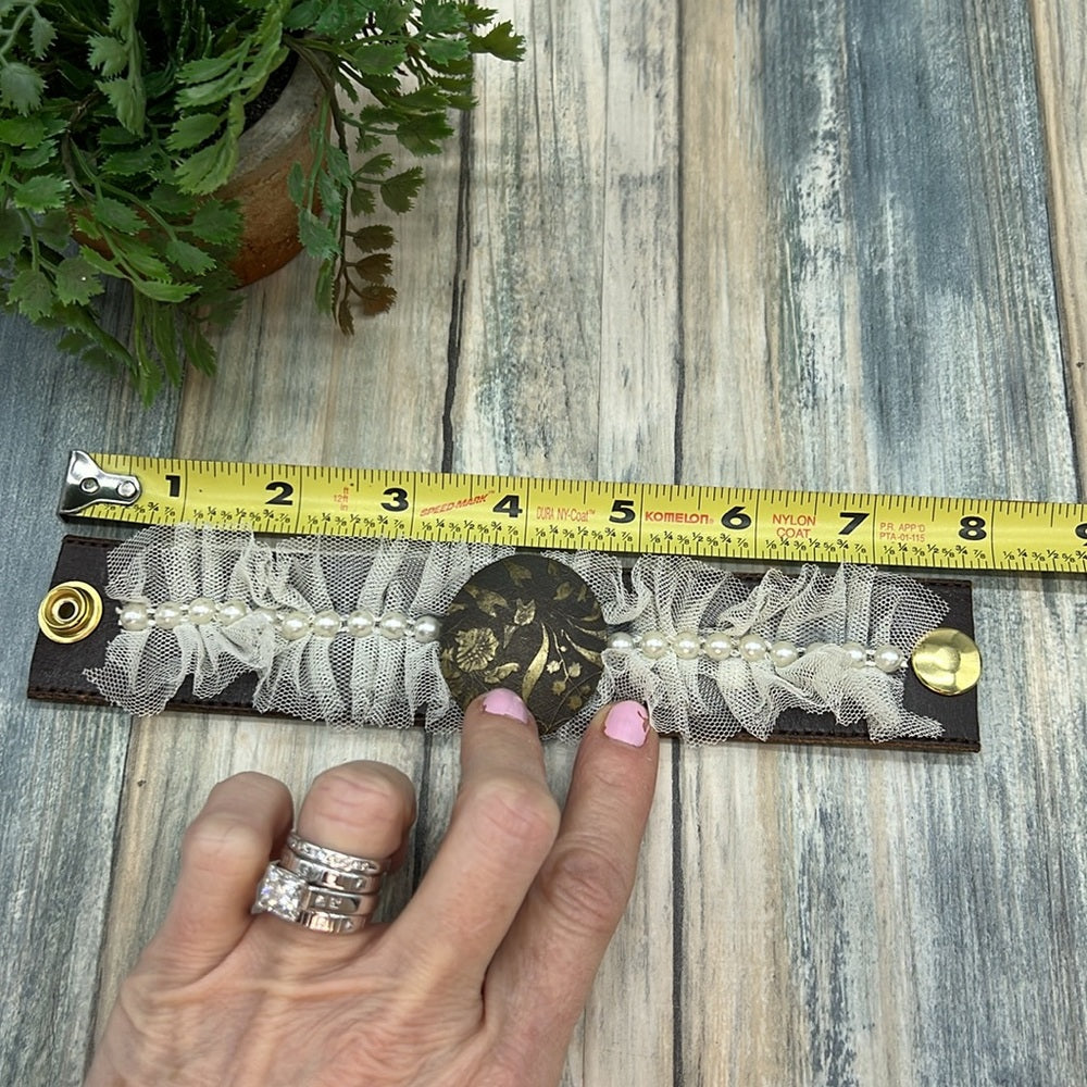 Adorned Crown Jewelry artisan assemblage lace textured metal leather cuff #1