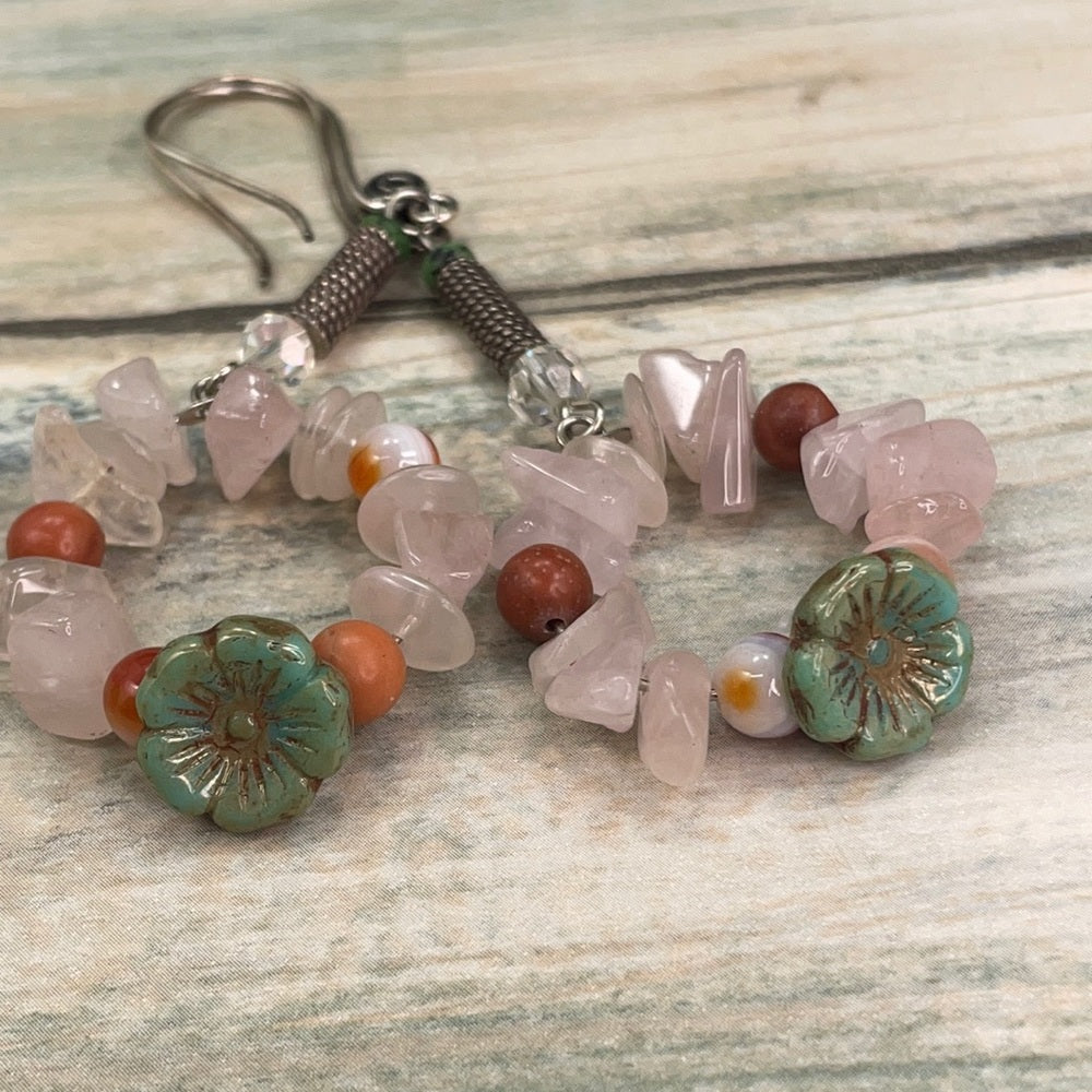 Adorned Crown artisan assemblage rose quartz Czech flower hoop earrings