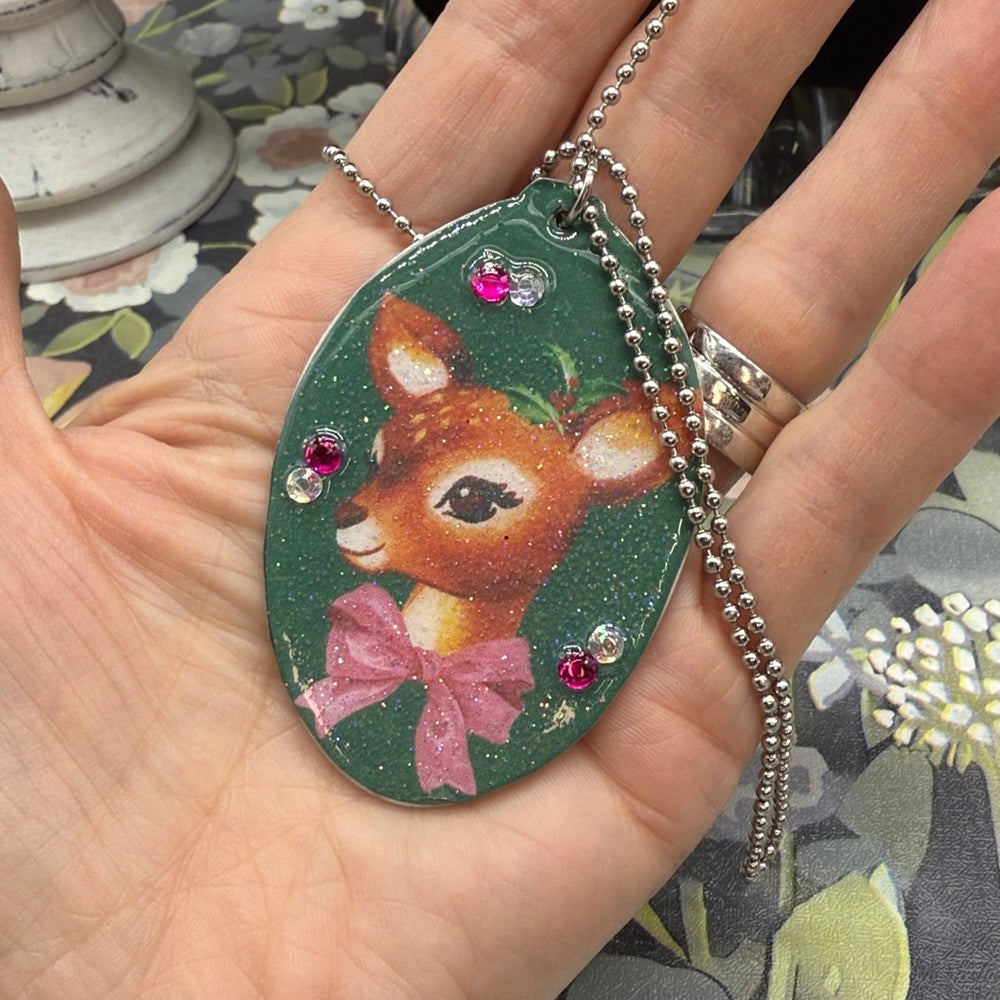 Adorned Crown Jewelry assemblage Christmas deer flat spoon necklace