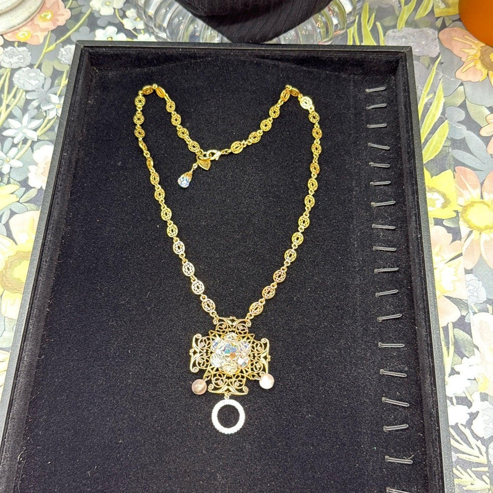 Adorned Crown Jewelry filigree oval link rhinestone pendant necklace
