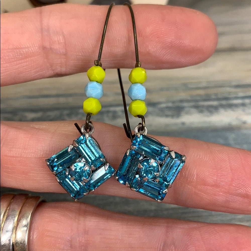 Adorned Crown Artisan Assemblage topaz blue rhinestone colorful earrings