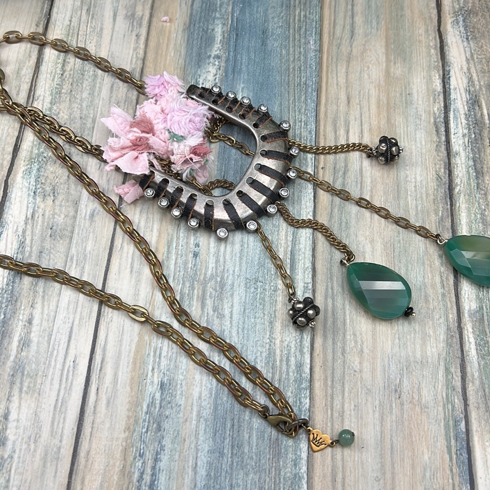 Adorned Crown cowgirl collection pink belt buckle green stone drop necklace