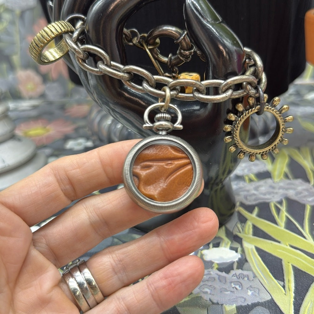 Adorned Crown Jewelry assemblage mixed metal leather steampunk charm bracelet