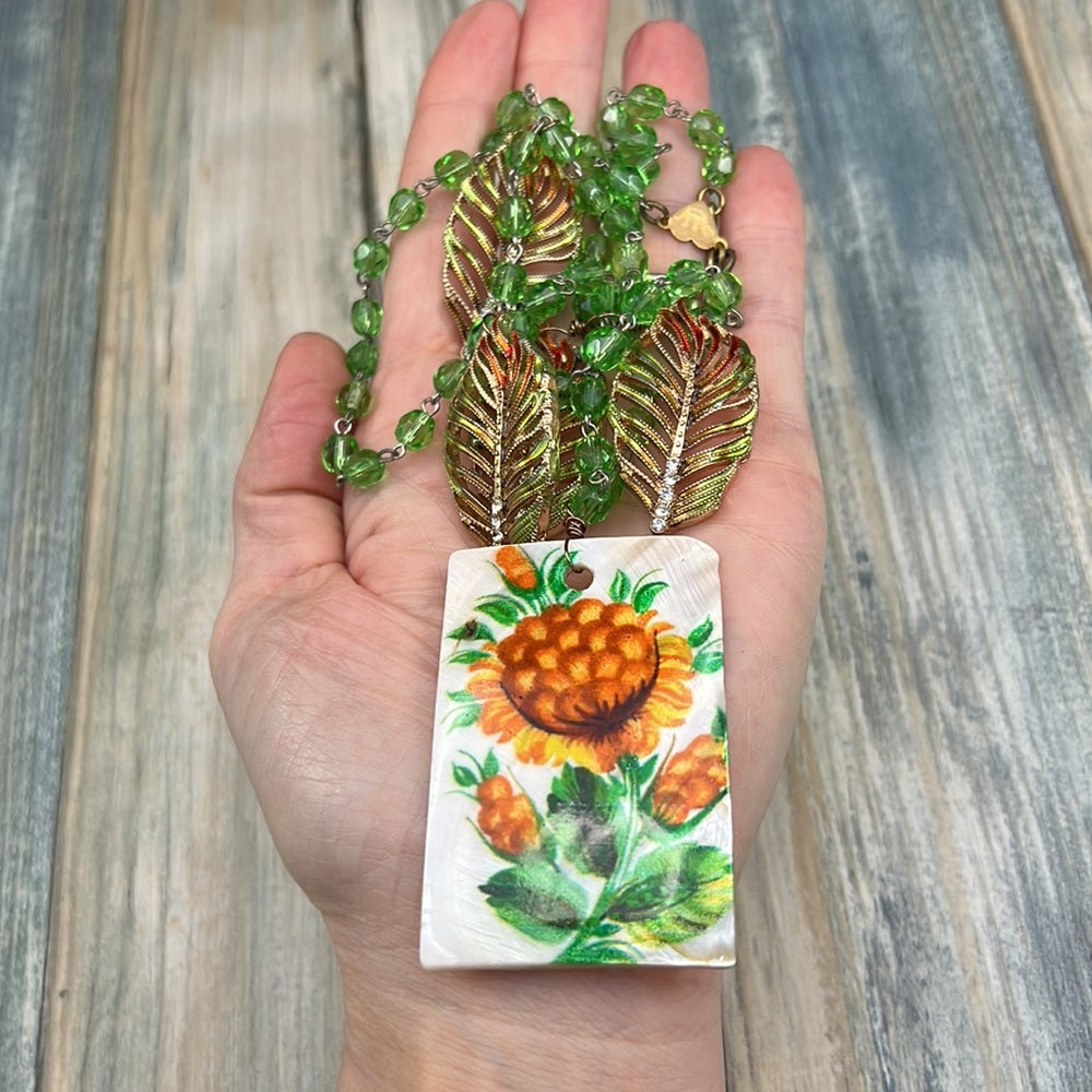 Adorned Crown Artisan Assemblage painted shell leaf autumn color necklace