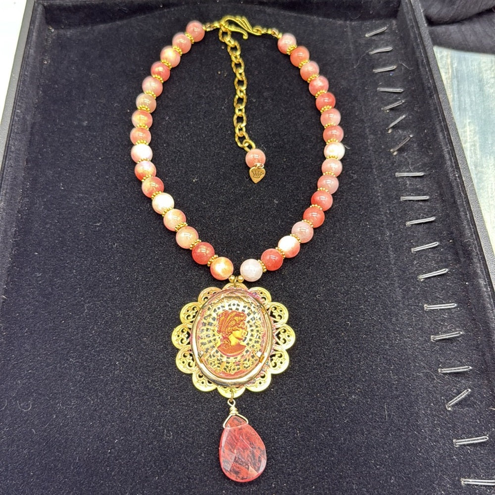 Adorned Crown Jewelry assemblage Persian jade intaglio pink statement necklace