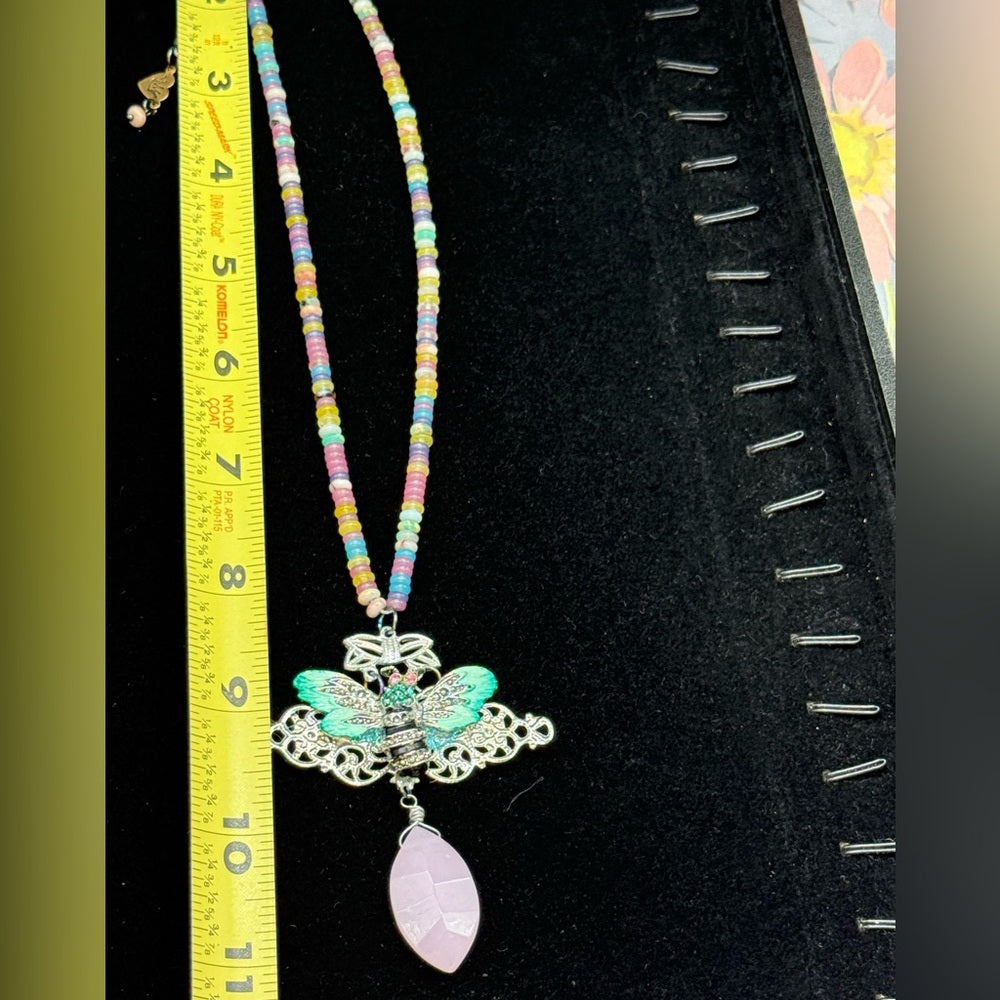 Adorned Crown Jewelry assemblage pastel gemstone bead teal enamel bee necklace