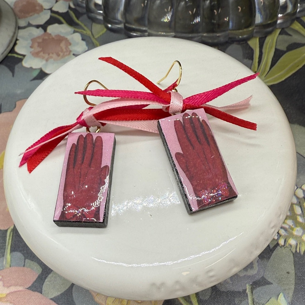 Adorned Crown Jewelry assemblage Christmas pink and red glove domino earrings
