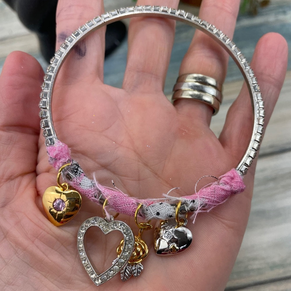 Adorned Crown rhinestone pink bangle heart charm