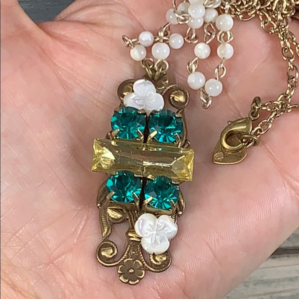 Adorned Crown Artisan assemblage green rhinestone and mop collage necklace