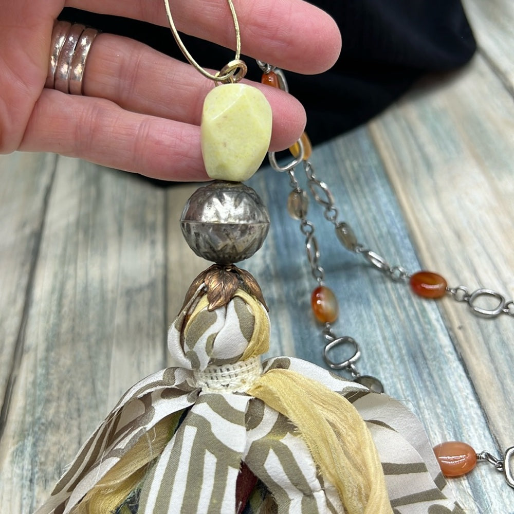 Adorned Crown Jewelry assemblage green yellow tassel stone bead necklace