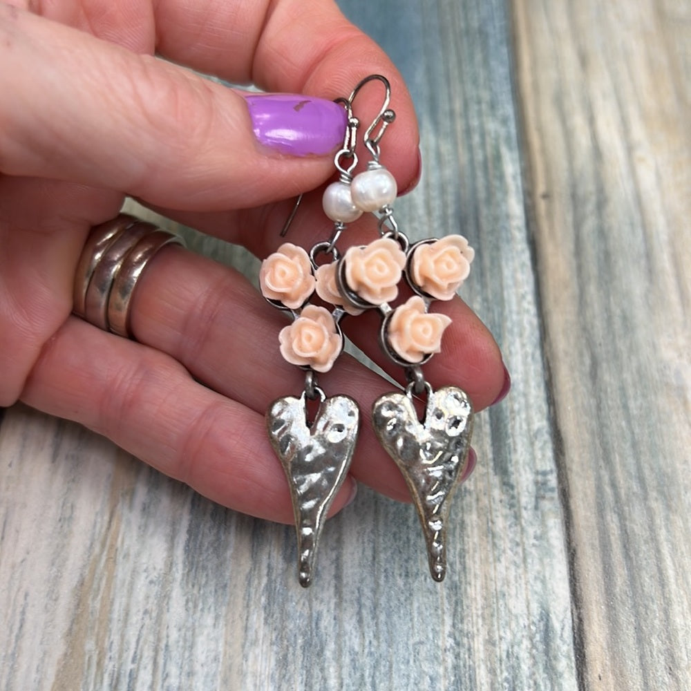 Adorned Crown Artisan Assemblage peach rose hammered heart Pearl earrings
