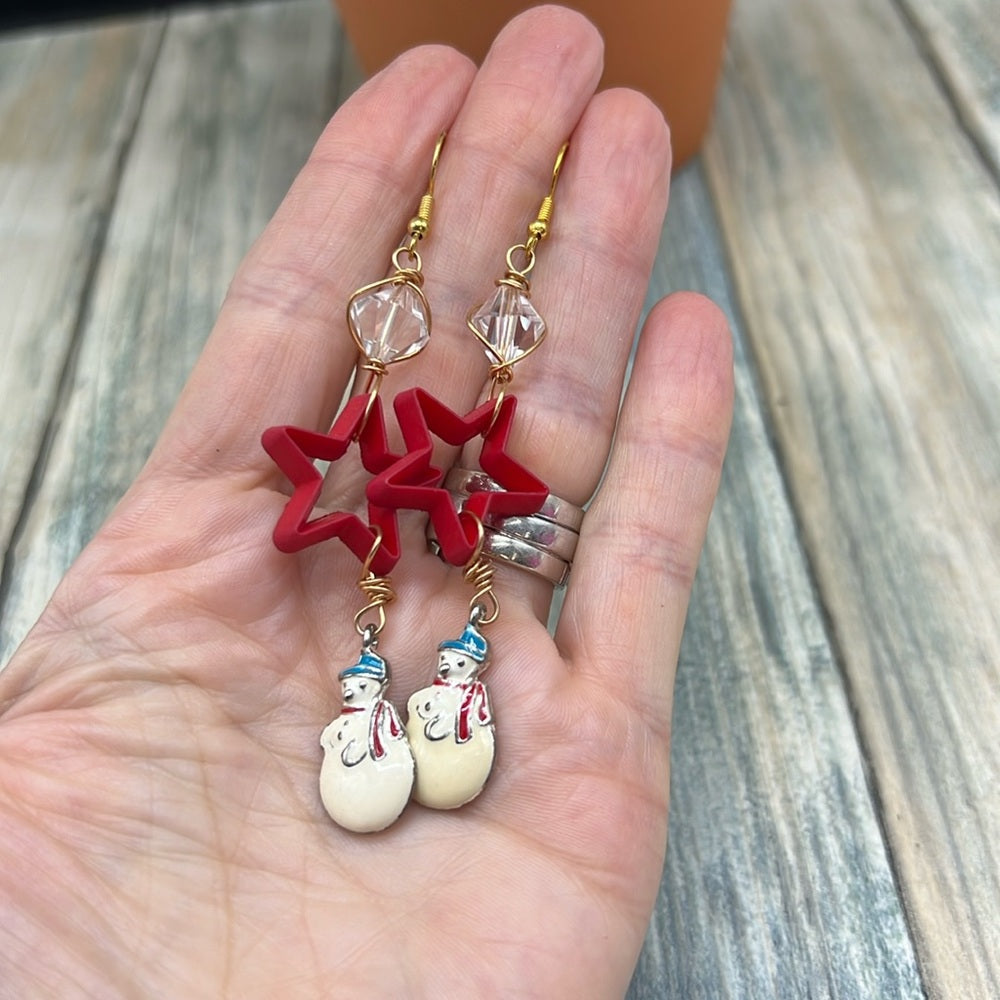Adorned Crown Jewelry assemblage Christmas star snowman crystal earrings